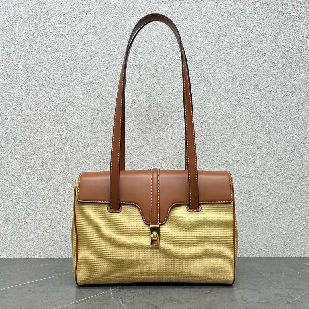 Celine Medium Soft 16 Canvas And Smooth Calfskin Handbag Shoulder Bag Yellow/Tan 195543